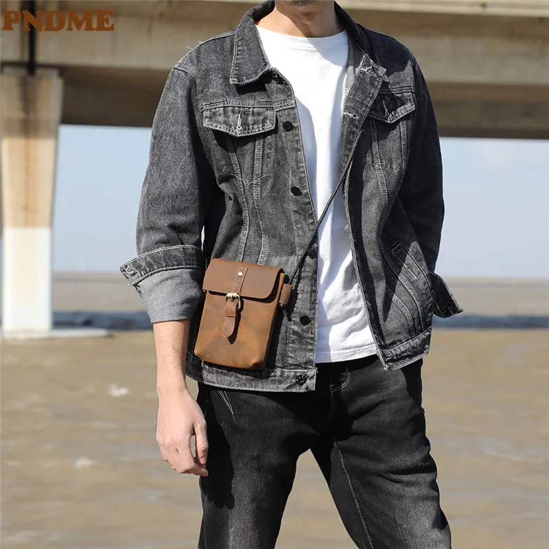 

PNDME Fashion Vintage Genuine Leather Men Small Phone Shoulder Bag Outdoor Leisure Light Crazy Horse Cowhide Mini Messenger Bag