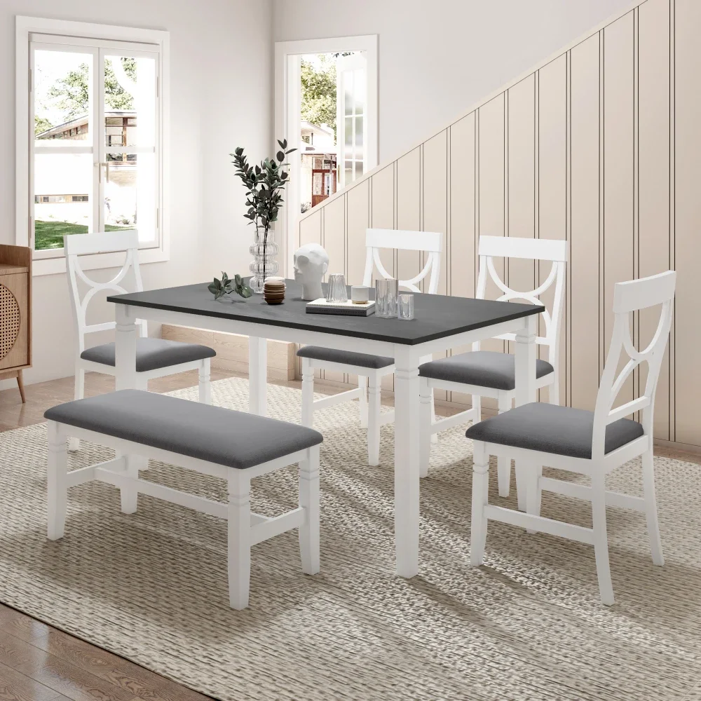 

Dining Tables, Wood Dining Table Set Kitchen Table Set with Upholstered Bench and 4 Dining Chairs, Farmhouse Style,Gray+White