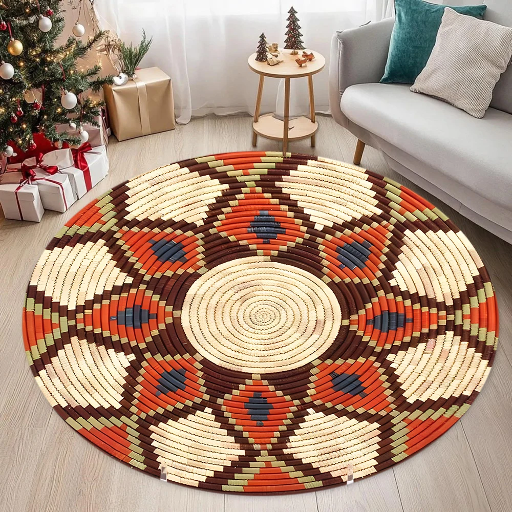 Round Woven Style Geometric Pattern Rug Ethnic Decor Non-Slip Durable Carpet for Living Room Bedroom Decorative Space