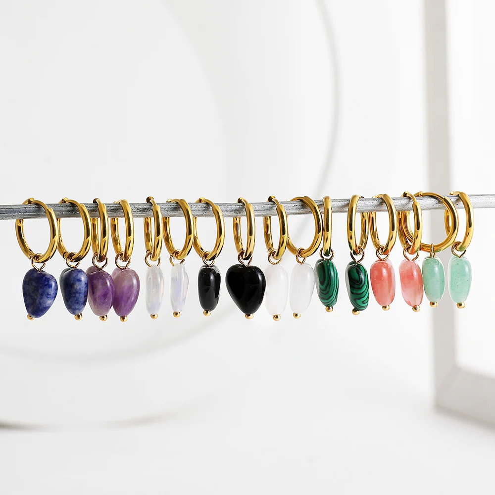 

Elegant Heart Gemstone Charms Pendant Earrings Natural Stone Beads Stainless Steel Circle Hoop Earrings for Women Huggies Gifts