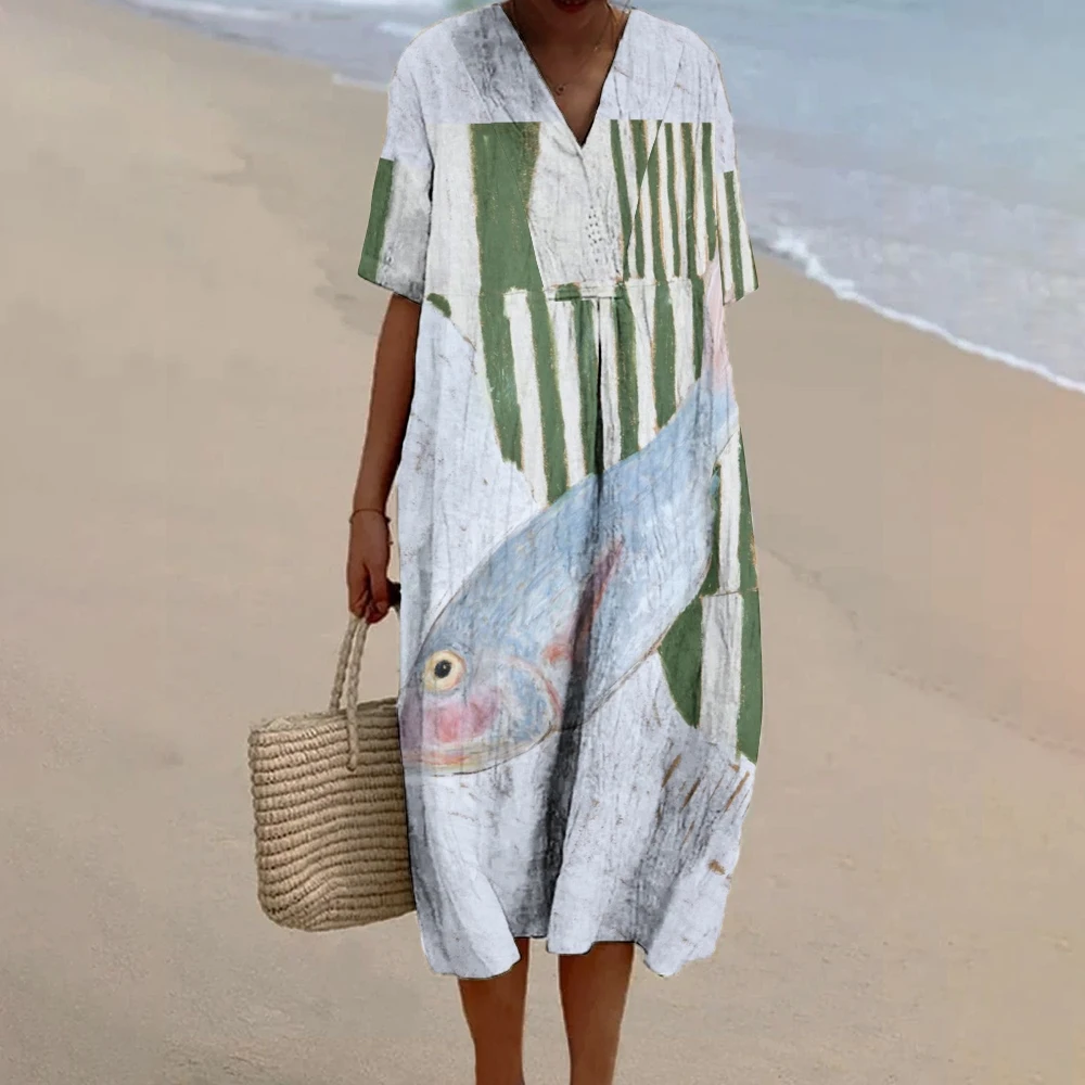 Robe de vacances à imprimé de poisson sardines pour femmes, tenue chic, robe fluide, marque de créateur, mode de luxe, plage, modaling