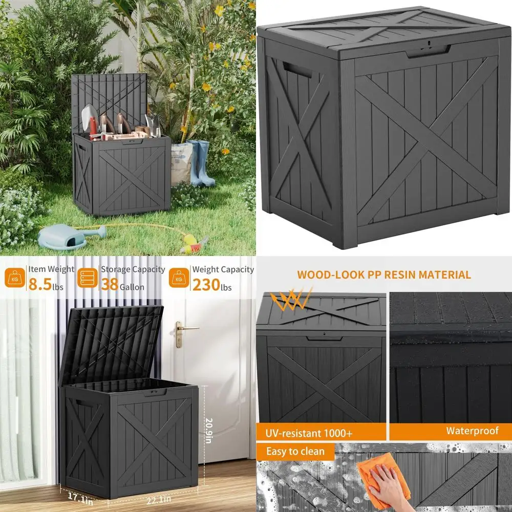 

Outdoor Deck Storage Box, 38 Gallon Lockable Waterproof Patio Furniture, Garden Tools, Cushions, Pool Accessories Resin Box (Bla