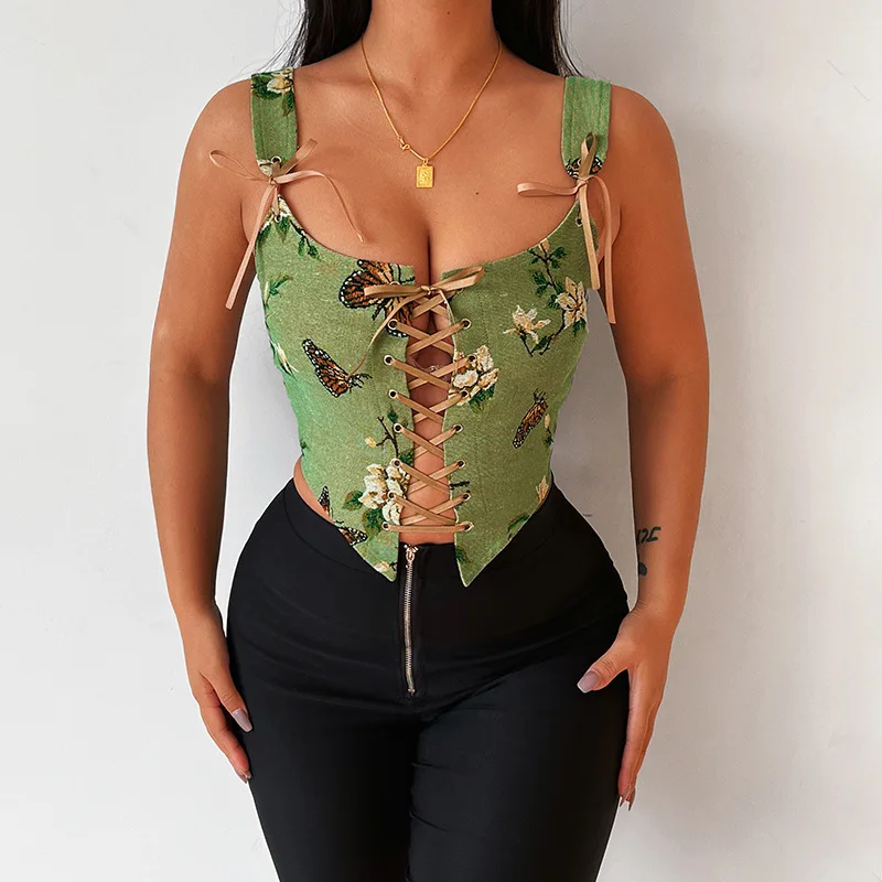 Verde floreale Denim Spaghetti Straps Lace Up Hot Sexy corsetto Push Up Bustier Top donna abbigliamento gotico Vintage corsetto Feminino