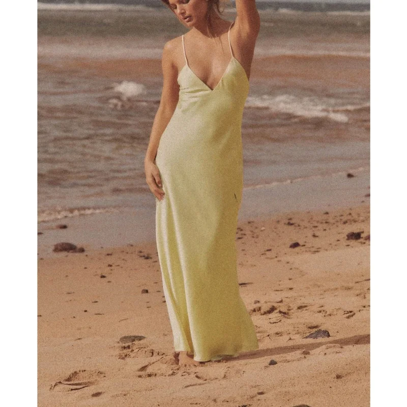 Estate delle nuove donne V-ne Svel Raso di seta Sensazione Midi Lungo Dr Beach Holiday Sle Vita alta Colore puro Abbigliamento casual