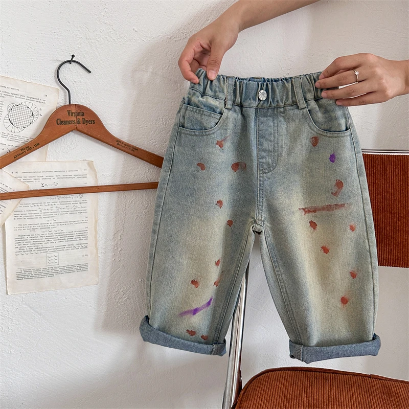 

Chenma Children's Pants 2023 Autumn Boys and Girls Dot Jeans Baby Korean Graffiti Straight Leg Pants