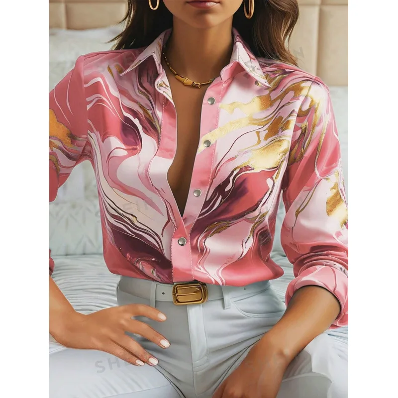 2025 Autumn New Long Sleeve Lapel Loose Button Shirt 3D Digital Printed Shirt Watercolor