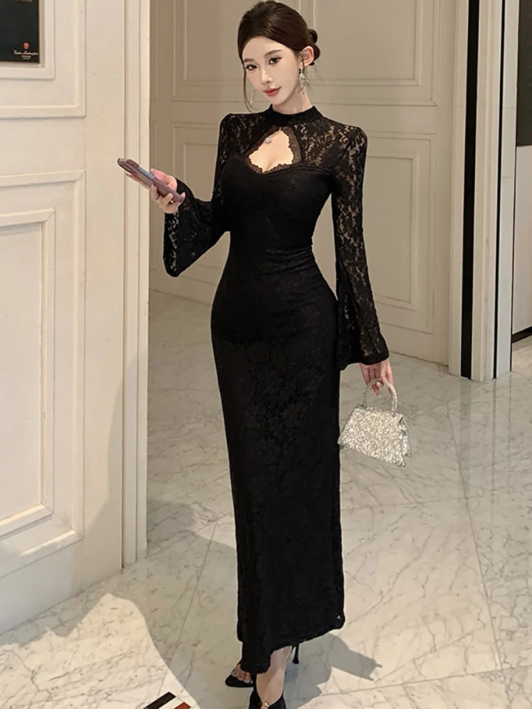 2025 schwarz Spitze Patchwork Aushöhlen Sexy Langes Kleid Frauen Koreanische Vintage Luxus Abendkleid Herbst Winter Elegante Prom Kleid