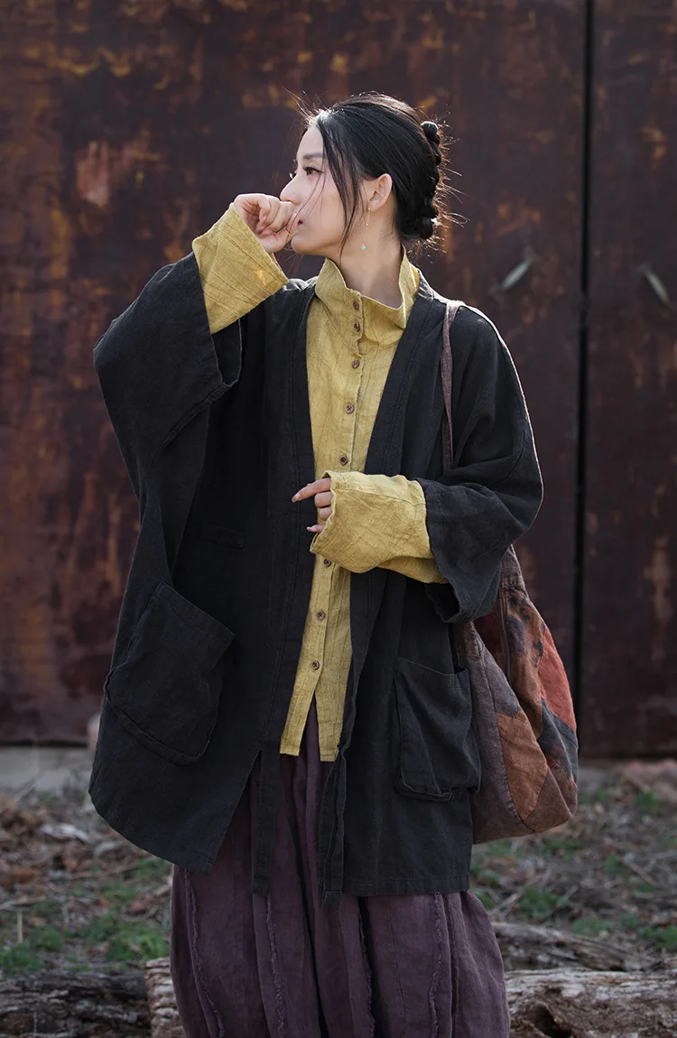 Outono inverno mistura de algodão tingido original robe-estilo casaco solto-ajuste de comprimento médio cardigan preguiçoso boho-chique topo feminino