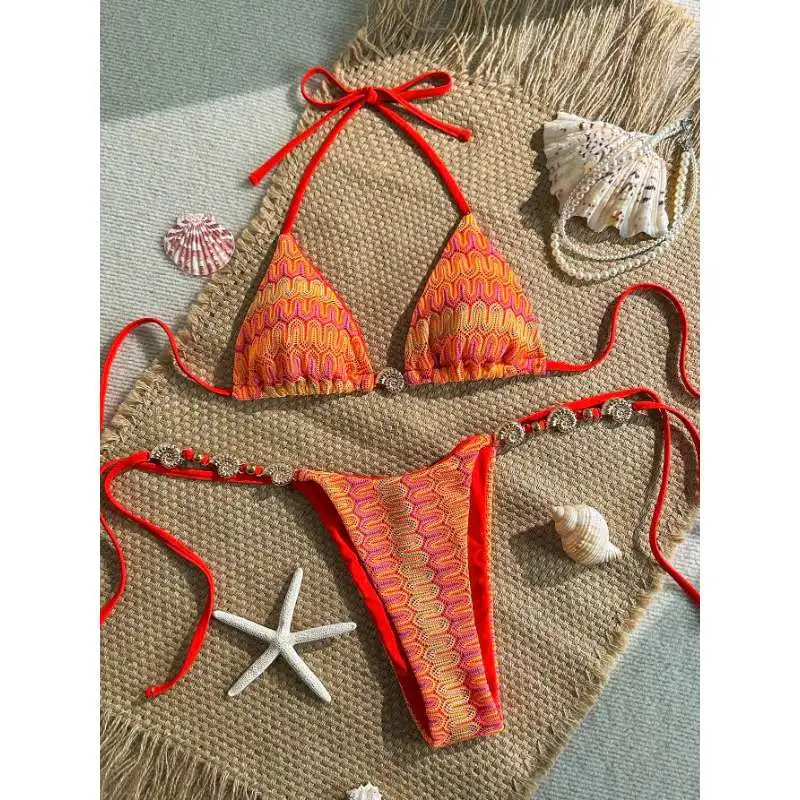 New Women's Bikini Swimsuit - Red Ethnic Style, Sexy Tie-up, Metal Accents, Vacation-friendly, Bodycon  Swimsuit Women بيكينيات
