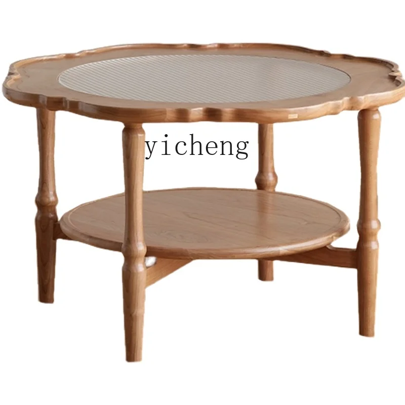 

XC Solid Wood Tea Table Chinese Ancient Style Side Table Small Apartment Living Room Japanese Log Cherrywood round Tea Table