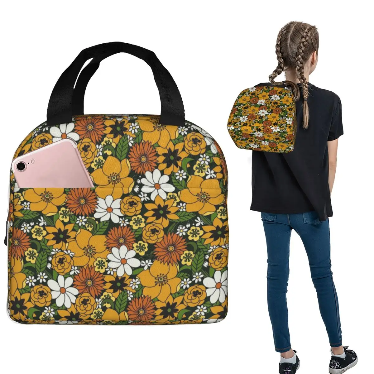 

Изолированная сумка для обеда с оранжевым и желтым цветочным узором для женщин и детей, портативные коробки для еды, термосумка для обеда