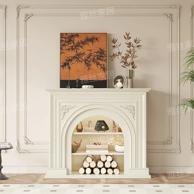 French cream wind fireplace cabinet decorative cabinet living room background wall electronic simulation fire fireplace cabinet