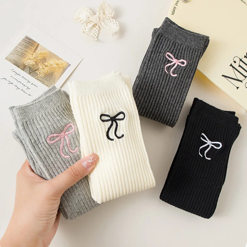 Baby Children Korean Knee High Long Socks for Girls Sweet White Bow Jacauard Cotton Legging Stocking School Sock for Kids Tights view 3