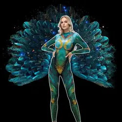 Color Cosplayer Carnival Jumpsuits Peacock Zentai St. Patrick's Day Green Print Bodysuit Performance Suit Festival Party Clothes