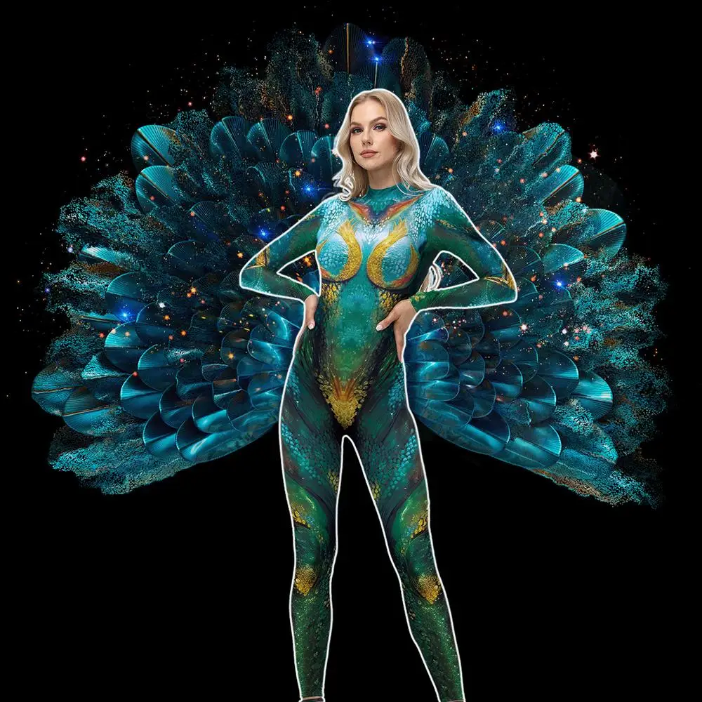 Kolor Cosplayer Carnival Jumpsuits Peacock Zentai St. Patrick's Day Green Print Bodysuit Performance Suit Festival Party Clothes
