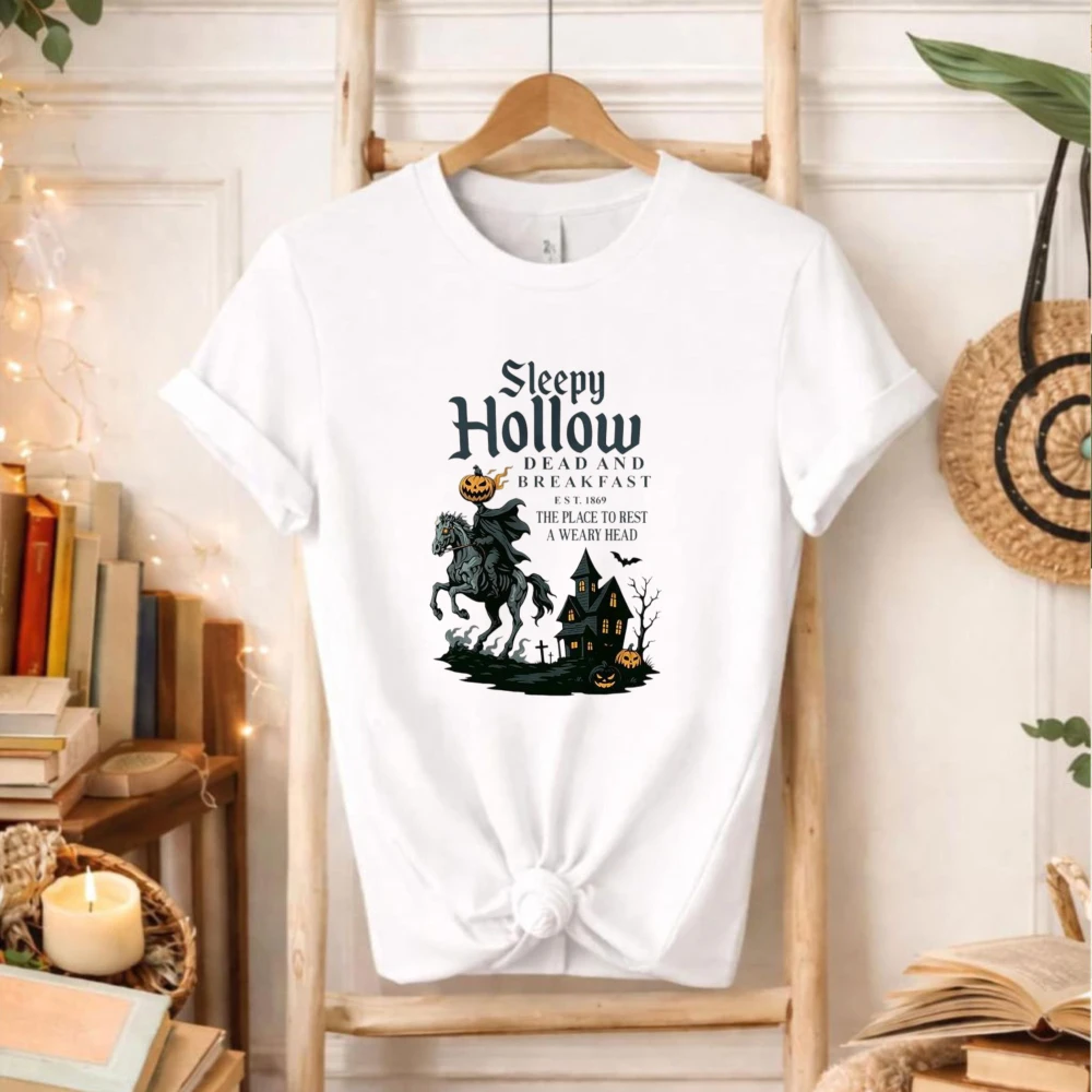 Sleepy Hollow Headless Horseman Halloween Graphic T‑Shirt Spooky Haunted House Pumpkin Bat Gothic Fall Holiday Art Party Tops