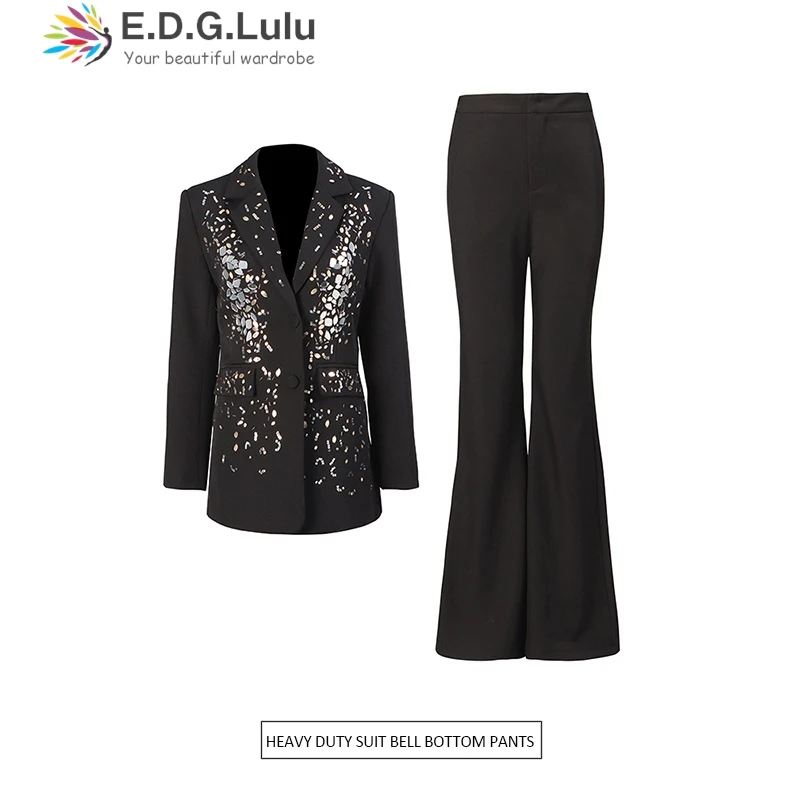 

EDGLuLu Two Piece Outfits Woman Bright Diamond Spliced Suit Jacket+High Waist Flared Pants White Black Suit Set New 0904