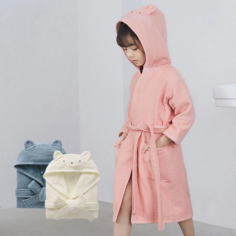 Toddler Baby Boys Girl Cotton Solid Linen Bathrobe Children Sleepwear Hooded Bath Robes Night-robe Pajamas Kids Clothes