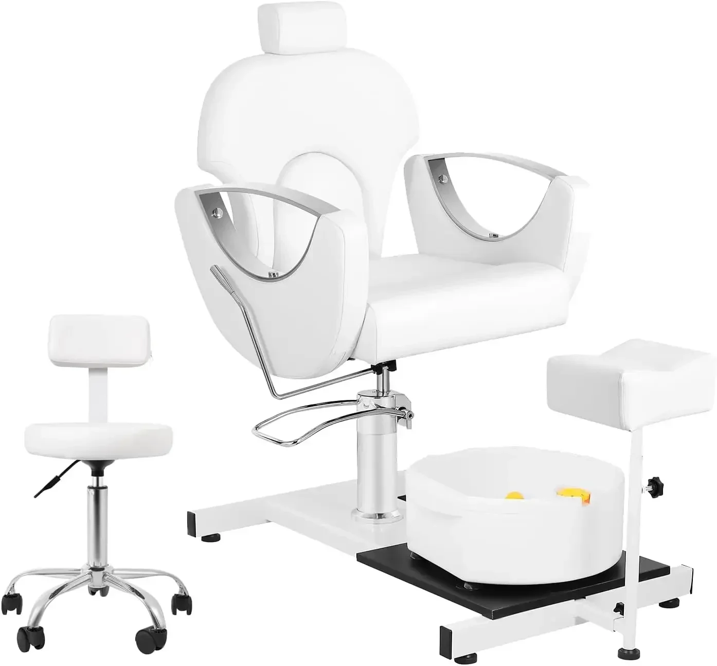 Chair with Stool, Reclining Pedicure Station with Foot Massage Basin 360° Swivel Pedicure Chair Hydraulic Adjustable Height for