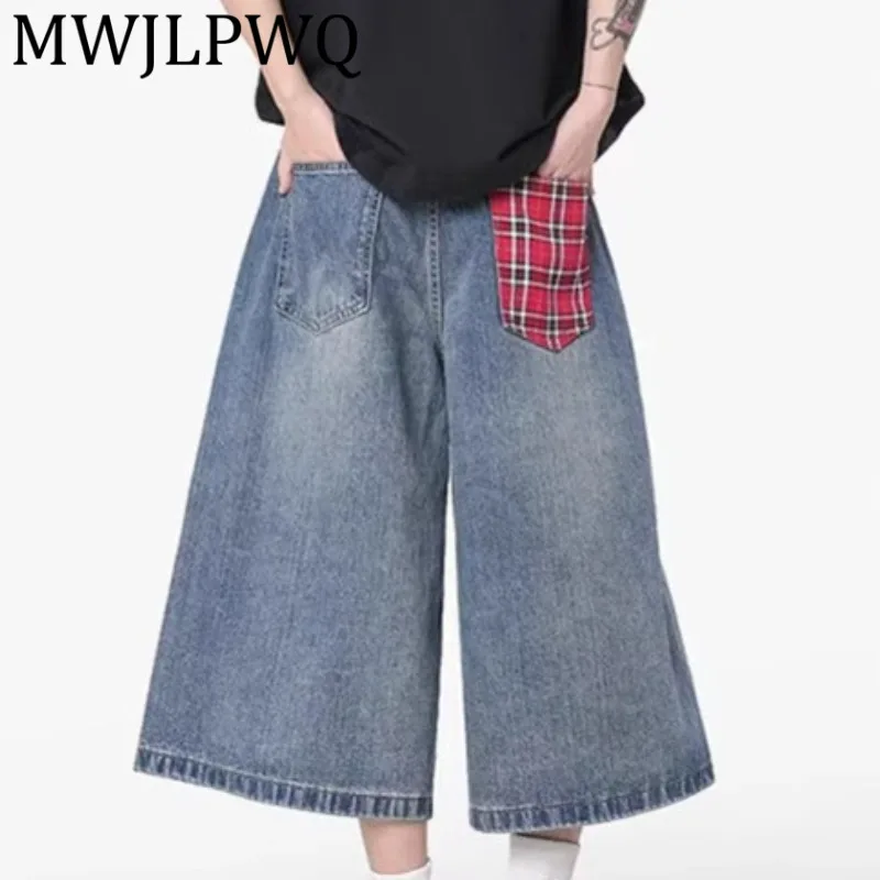 

MWJLPWQ Американский стиль клетчатые лоскутные широкие джинсовые шорты для мужчин летние свободные повседневные универсальные брюки с высокой талией 12009