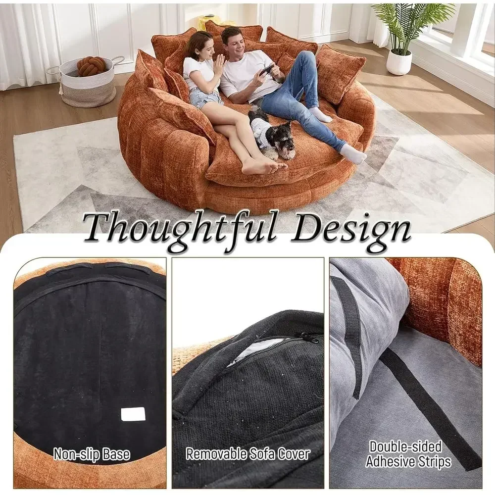 Extra Wide Round Chaise Lounge Chair for Indoor Sofa Bed, Comfortable Cloud Reading Couch for 2, with 14 Pillows (Orange) - view 5