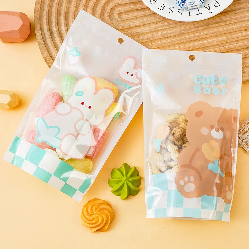 50pcs Cute Rabbit Bear Nougat Candy Plastic Zipper Bags Hand Made Cookie Gift Packaging Self Stand Biscuits Bags Party Supplies