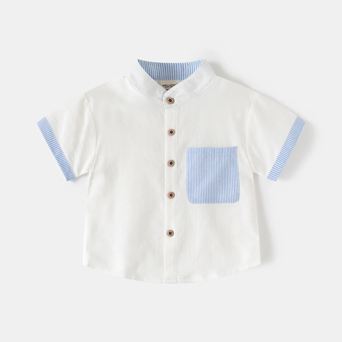 Boys Stand Collar Short Sleeve Shirt 2026 Summer Childrens Shirt Baby Striped Collar Top Kids Clothing fashionable and stylish