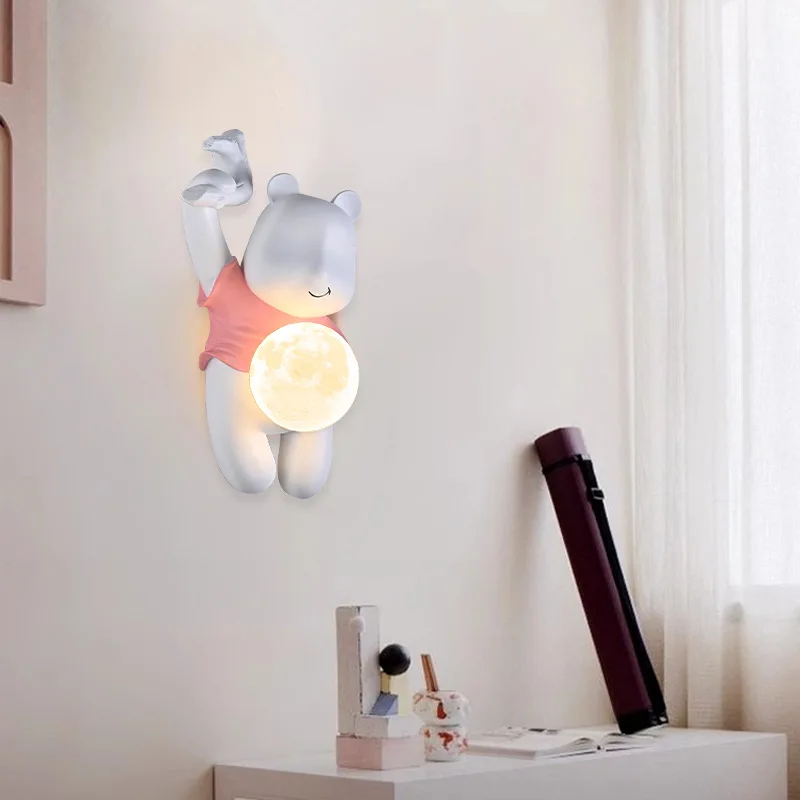 

SANDYHA Cute Little Bear Wall Lamp LED Resin Light with Moon Glass Lampshade for Nordic Style Living Room Bedroom Lighting