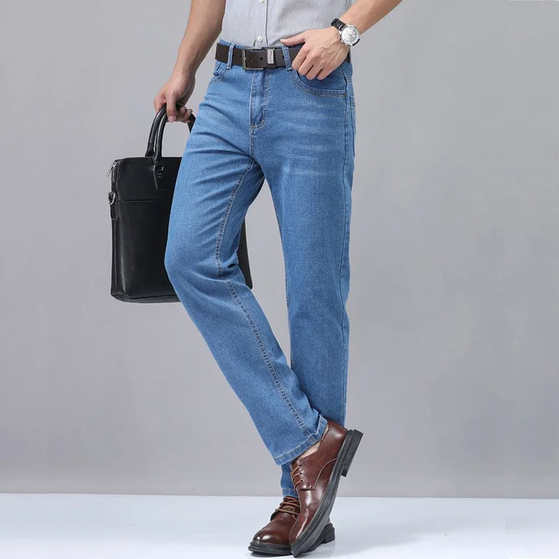 Summer Thin Men's Elastic Cotton Jeans Fashion Sky Blue Comfortable Business Straight Casual Pants Brand Male Clothes Trousers