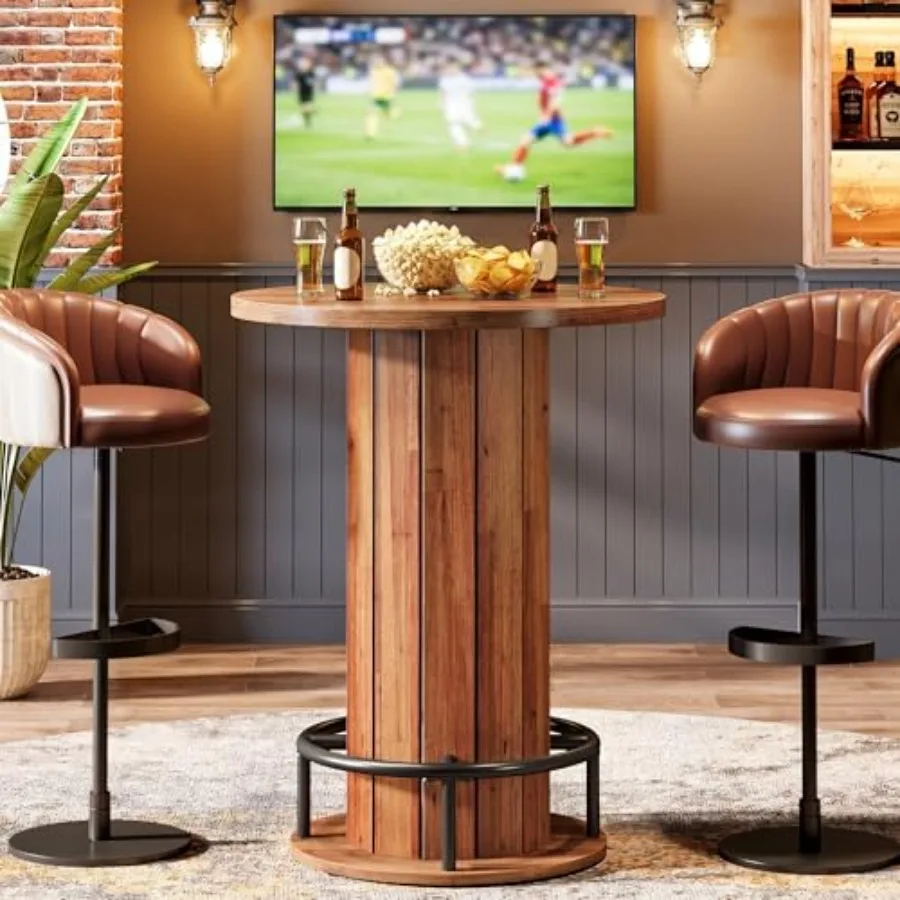 Round Bar Table for dining, coffee, cocktail, living room in small spaces; wood top, metal ring footrest; 39.4 H; natural wood