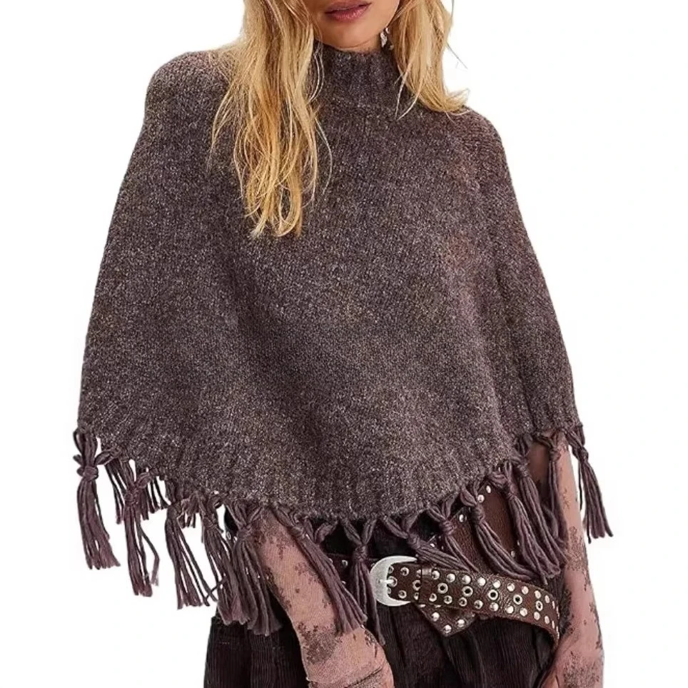 Y2KWomen's solid color sweater for autumn and winter, half high collar pullover, bat sleeve, tassel cape, shawl, knittedsweater