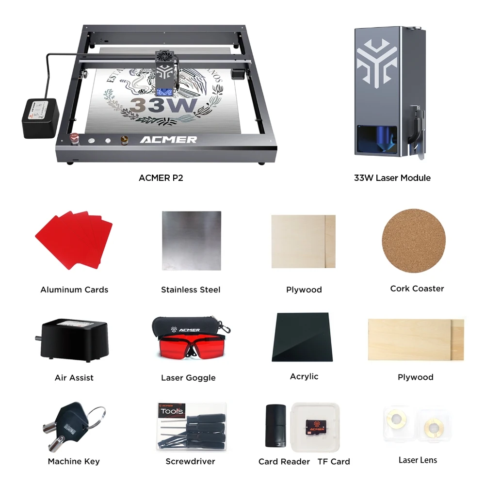 ACMER P2 33W Laser Engraver with Air Assist Industrial Rails WIFI Laser Engraving Cutting Machine Carve Glass Wood for Business