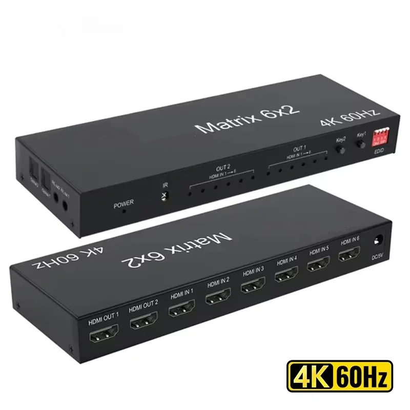 4K 60Hz HDTV Matrix 6 in 2 out Video Switcher Splitter with Optical R/L Audio Extractor for PC Laptop TV