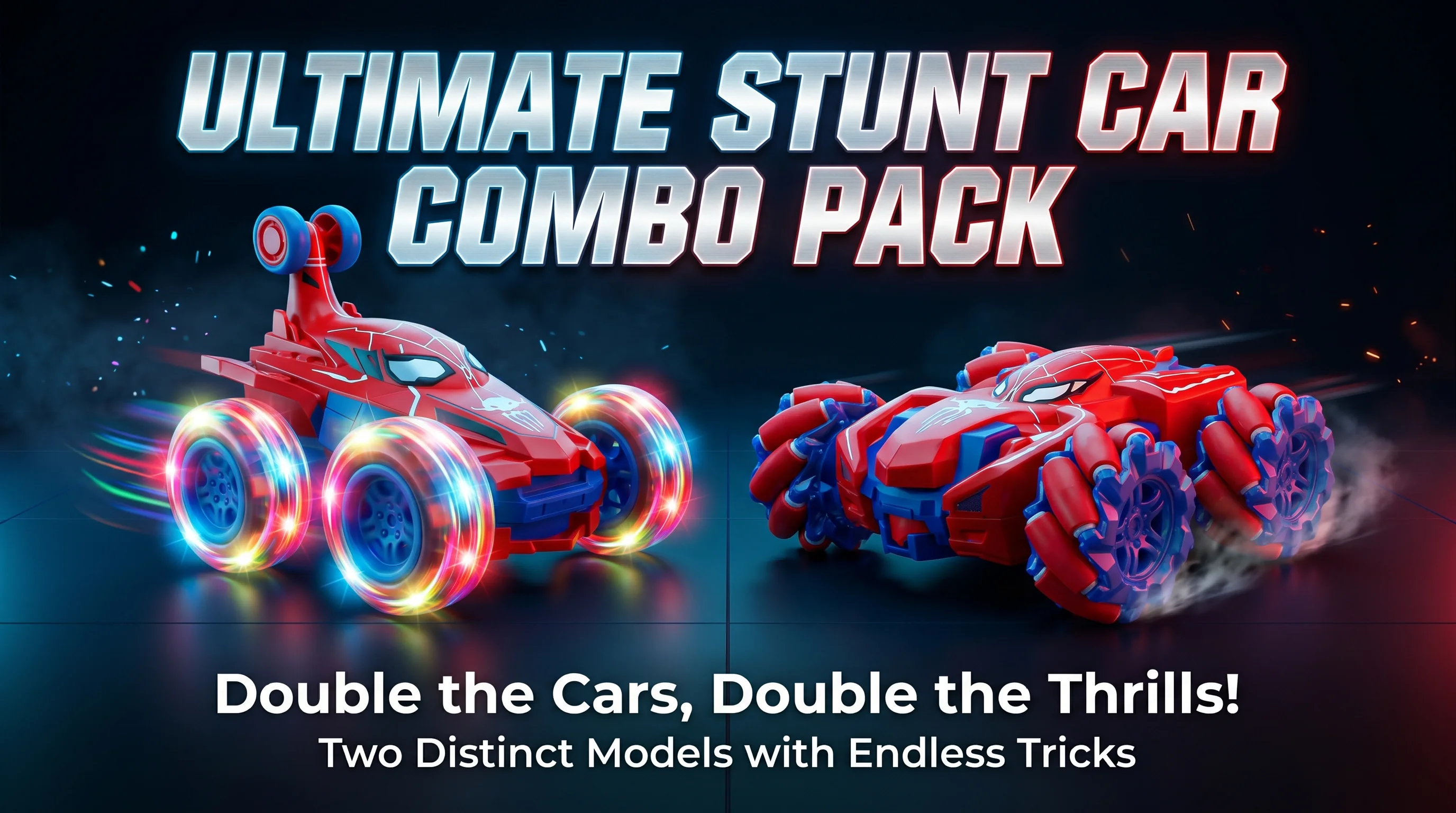 Dual 2Pcs Red Spider RC Stunt Car Bundle for Boys, Full Rotation Flip Light Up Stunt Car & Omni-Directional Drift Mecanum Wheel Remote Control Toy Cars, 2 Complete Sets With Controllers & USB Cables, Birthday Christmas Holiday Gift for Kids view 4