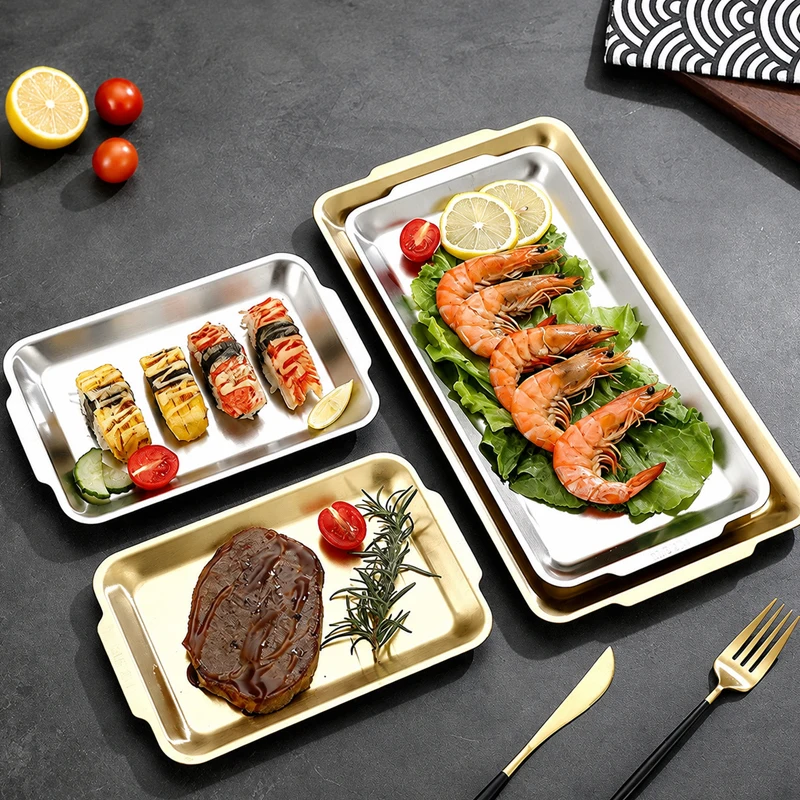 Korean Stainless Steel Thickened Barbecue Disc  Western Restaurant Fruit Cake Snacks Coffee Tray Rectangular Plate Tableware