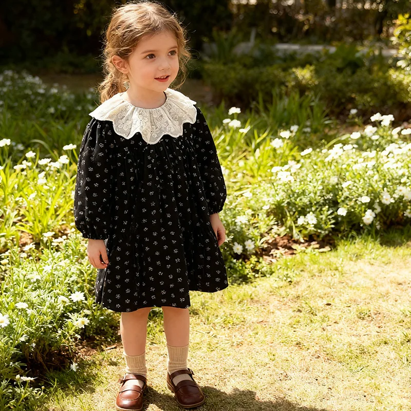 

Girls Dress Vintage Style Floral Long Sleeve Dress Autumn New Children's Jacquard Turn-down Collar Cotton Princess Dress