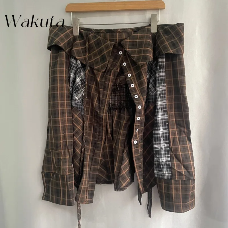 WAKUTA Japanese Niche Pure Desire Strapless Straps One-shoulder Plaid Vestidos Casual Sweet Shirt Lady Mini Dresses فساتين ٢٠٢٢