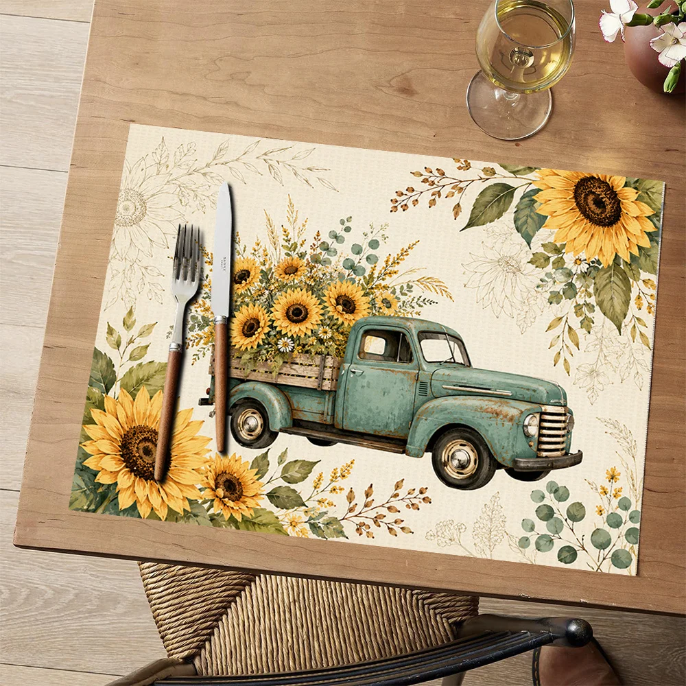 2pc Two Pumpkins Surrounded By Leaves Pattern Placemats Machine Washable Rectangular Polyester Tablecloths Suitable For Restaura