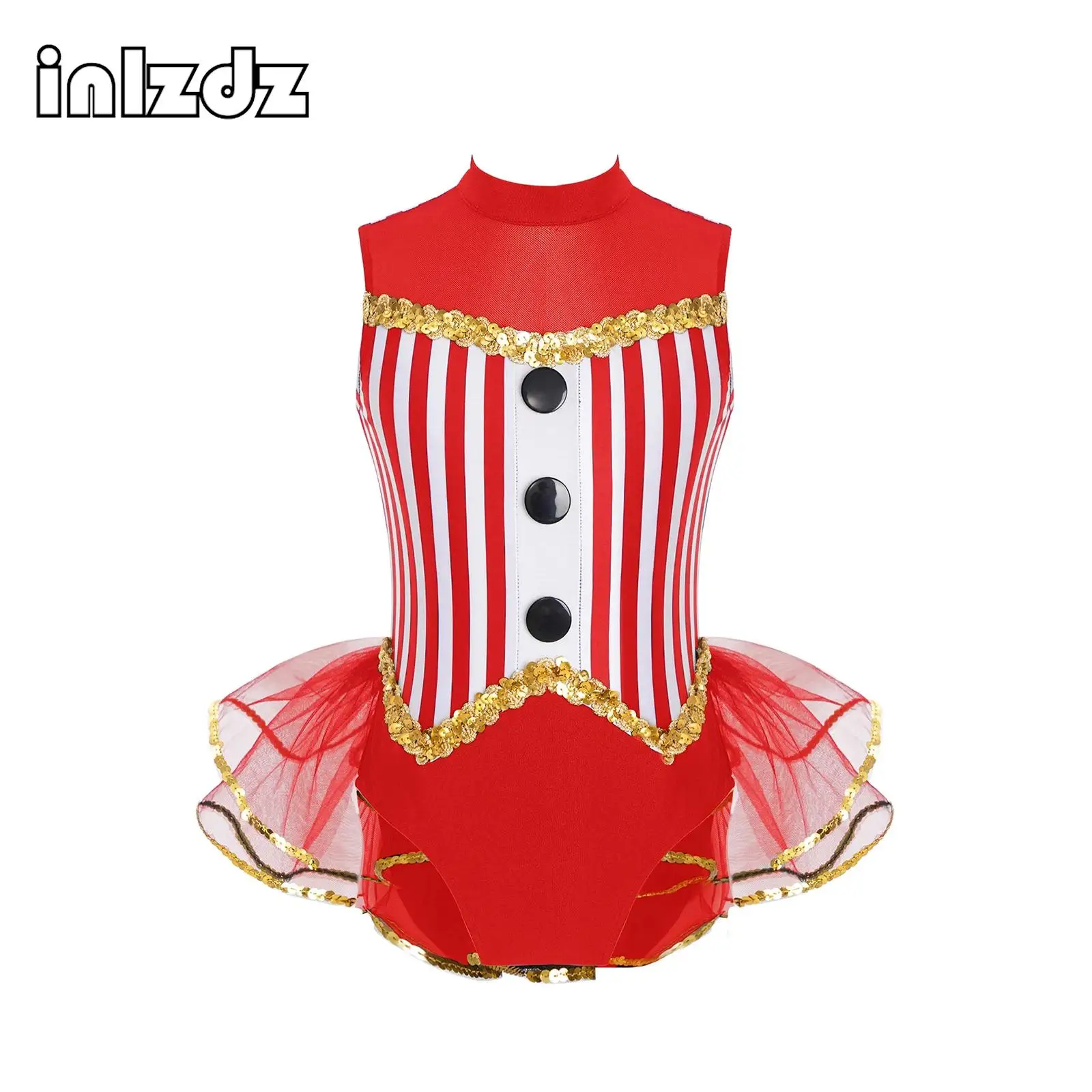 

Kids Girls Sequins Striped Latin Jazz Dance Leotard Tulle Skirted Bodysuit Gymnastic Ballet Tutu Skating Dress Party Costume