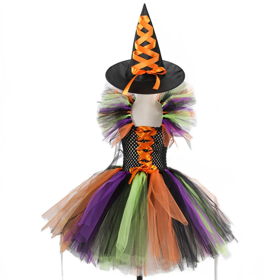 2 Pieces Witch Tutu Dress with Hat Girls All Saint\'s Day Bruja Wizard Costume Role Play Toddler Halloween Party Fairy Witch Gown