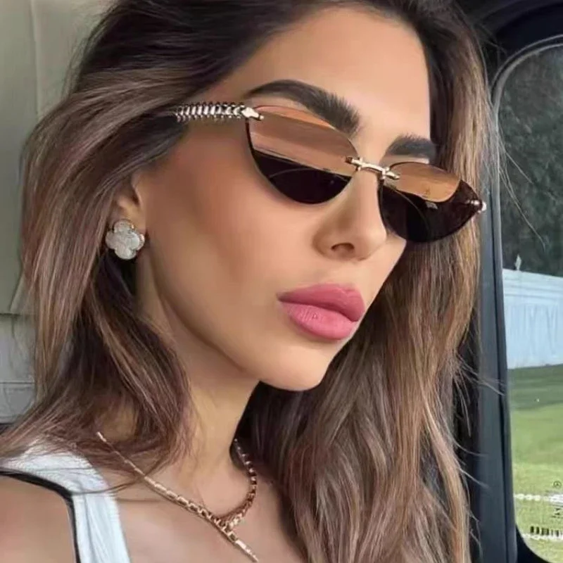 Katzenaugen-Sonnenbrille ohne Rand für Damen, Luxus-Modemarke, Ovale Schmale Sonnenbrillen, Trendige Elegante Einzigartige Eyewear