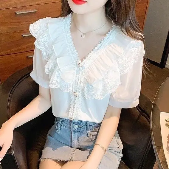 

New Sweet and Elegant Lace Ruffled Solid Color V-neck Short-sleeved Chiffon Shirt Top