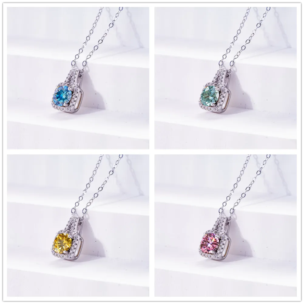 

1 carat moissanite pendant necklace for charm lady silver 925 jewelry luxury with pink royal blue color stone female jewelry