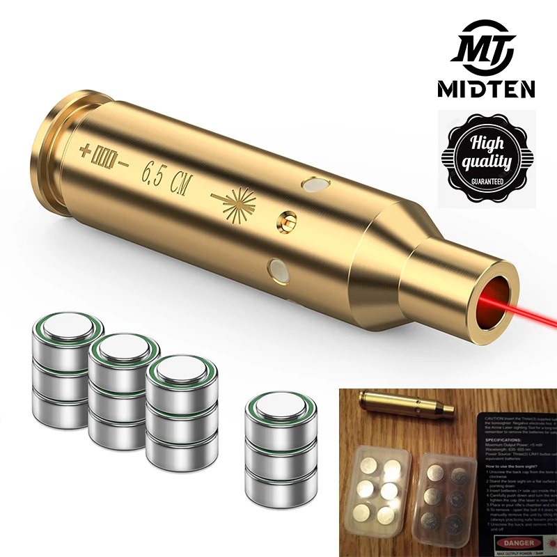 MidTen Hunting Rifles Bore Sight Laser 6.5CM Cal Red Brass Laser Boresighter with Extra 12 Batteries