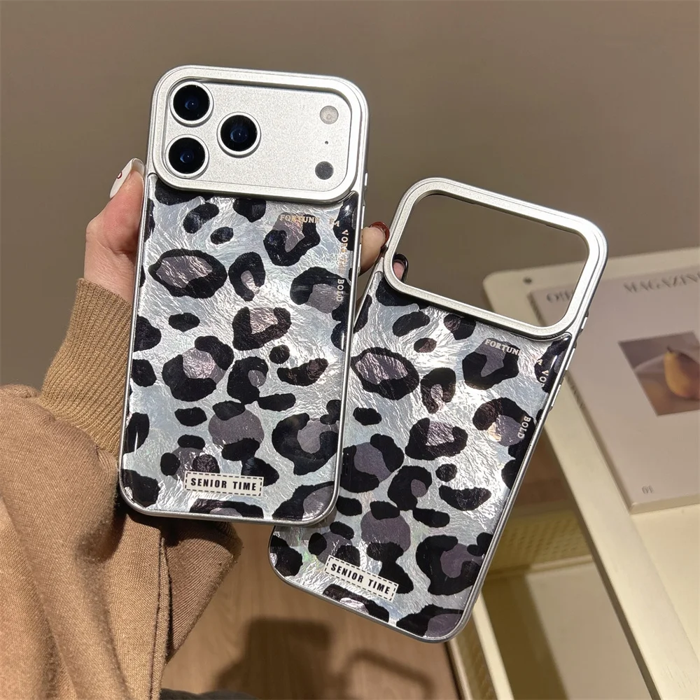 Y2K Crinkled Foil Leopard Print Epoxy Phone Case for 17 Pro Max Silver Electroplated Frame Protective Cover for iPhone 16 15 14