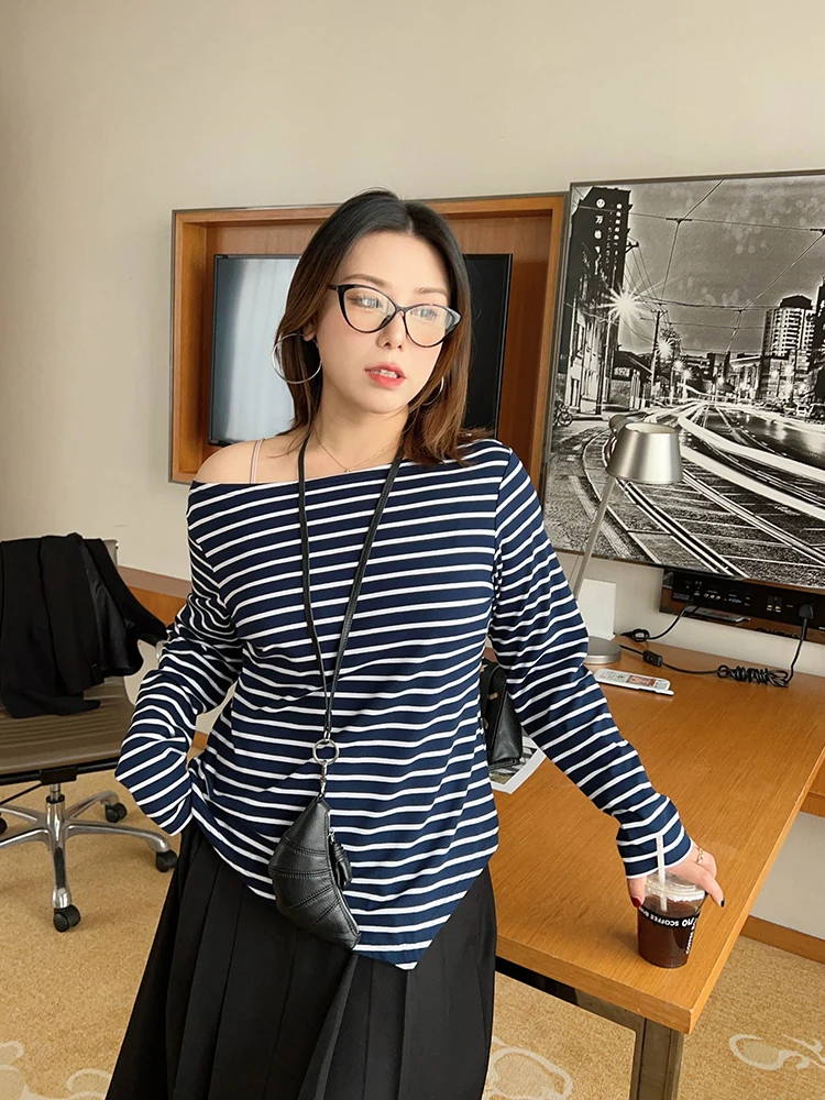 

Сексуальный полосатый топ Vogana большого размера с открытыми плечами для женщин больших размеров, удобная свободная футболка, утягивающая фигуру