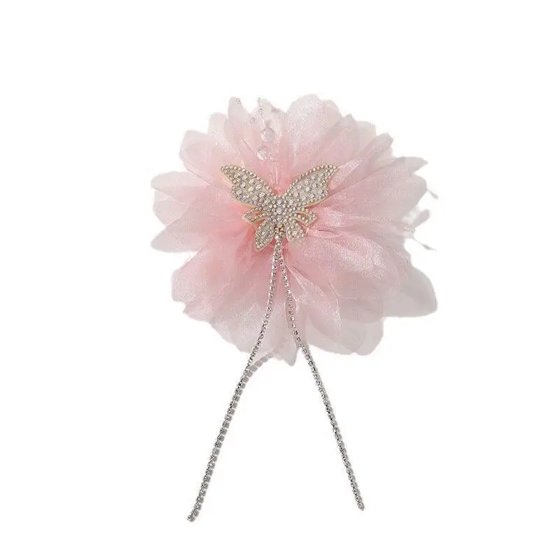 Weiche, flauschige Tüll-Haarklammern mit Strass-Schmetterling, funkelnden Kristallen und Quasten für Damen, geeignet für Hochzeiten und Partys. – Detail 5