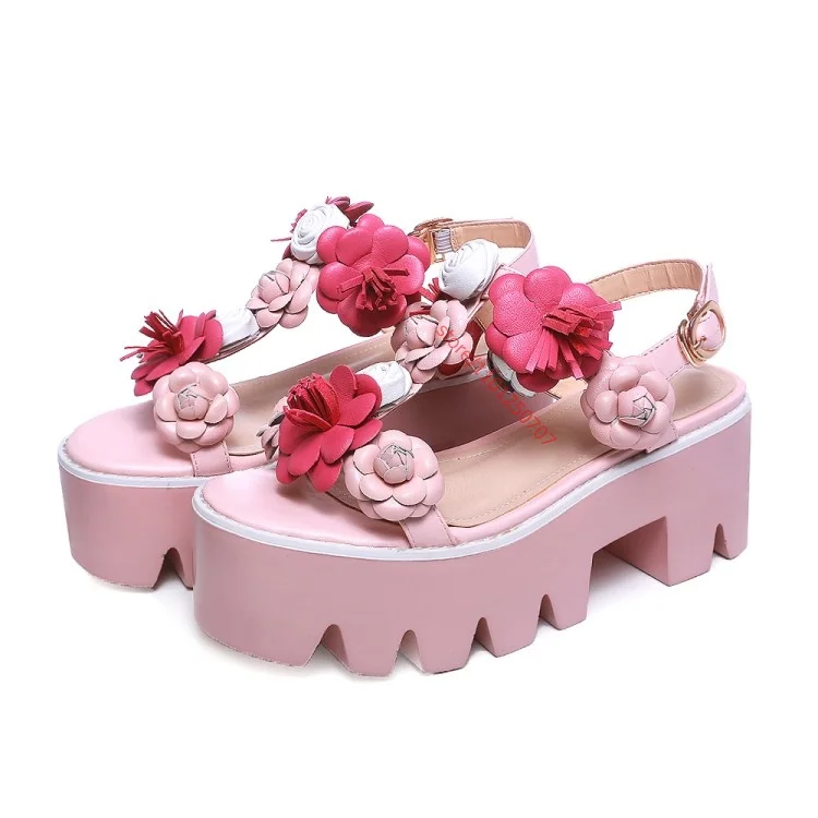 Zoete Roze Plateausandalen Dikke Onderkant Bloem Hoge Hak Pumps Romeinse Wiggen T Band Peep Toe Sandali Donna Eleganti