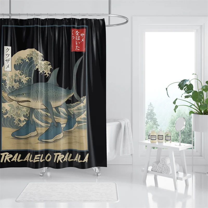 

Gaslight Gatekeep Girlboss Tralalero Tralala Ukiyo-e Набор занавесок для душа в японском стиле с люверсами и крючками для ванной комнаты