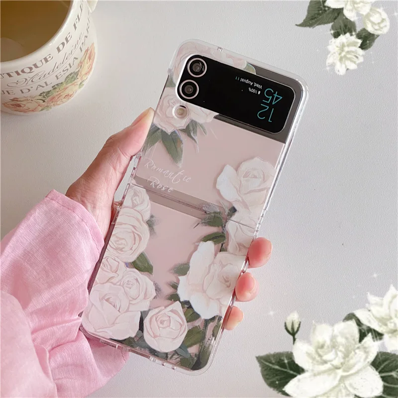 Fashion White Rose Flower Phone Case for Samsung Galaxy Z Flip 3 Z Flip 4 Hard PC Back Cover for ZFlip3 ZFlip4 Case Shell